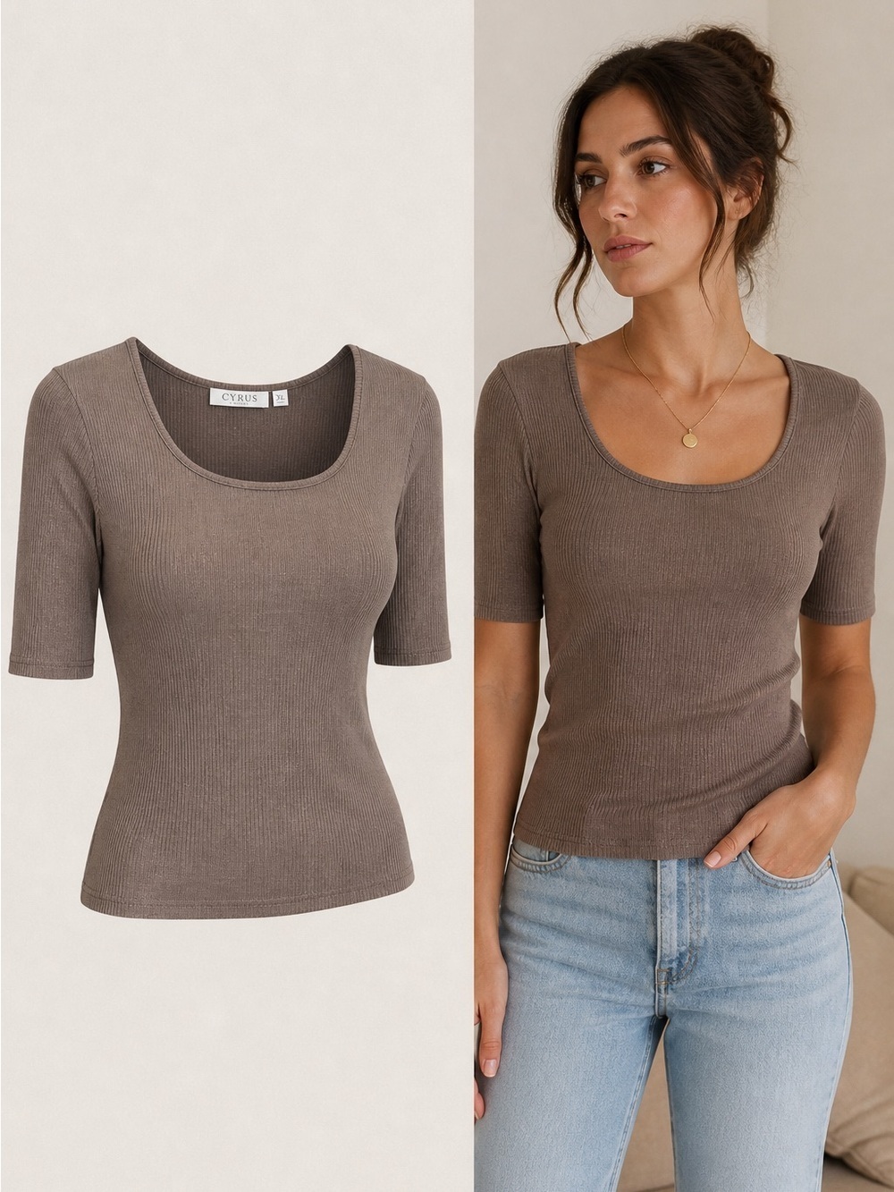 Cyrus Essentials | Taupe Ribbed Knit Top | Short Sleeve Scoop Neck | XL